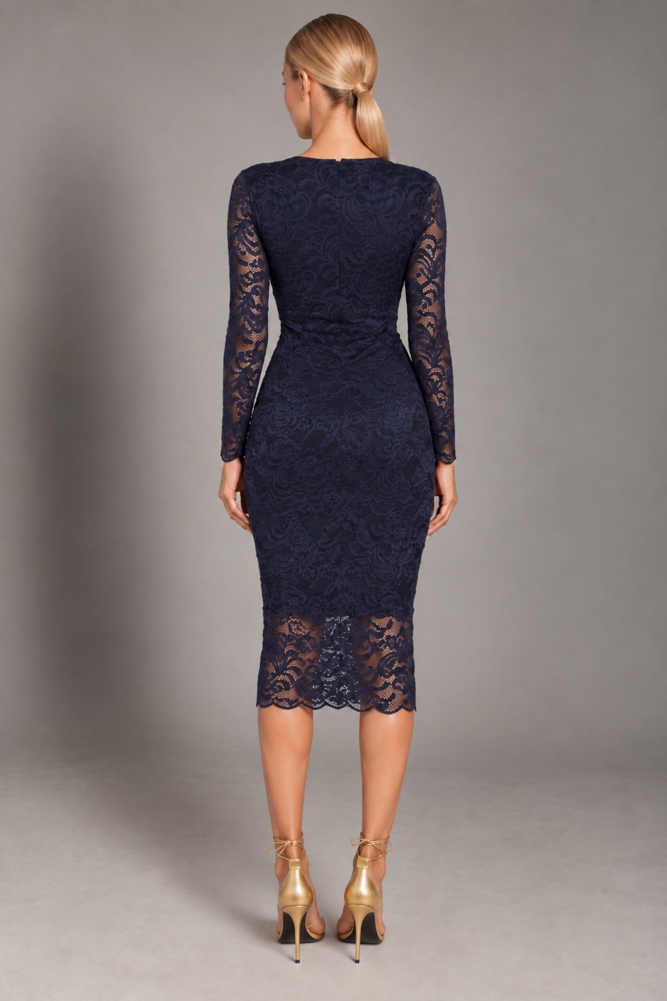 Lana Navy Lace Midi Dress With Long Sleeves HG- LANA-LONG-SLEEVED-NAVY-MIDI