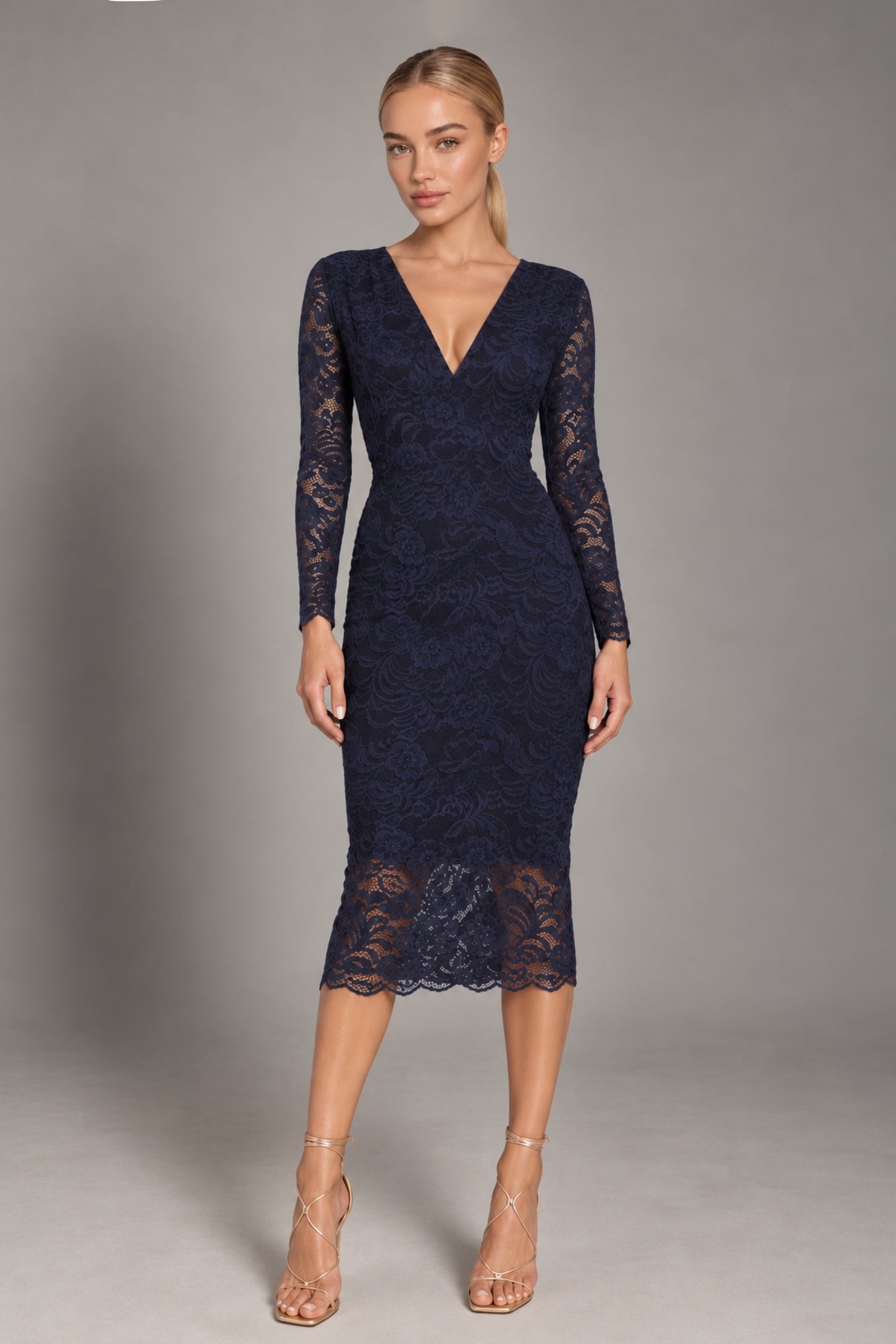 Lana Navy Lace Midi Dress With Long Sleeves HG- LANA-LONG-SLEEVED-NAVY-MIDI