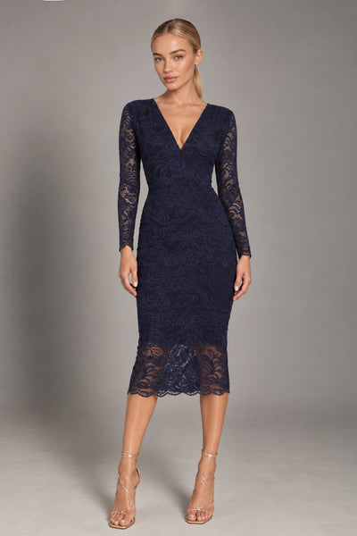Navy - Lana Navy Lace Midi Dress With Long Sleeves by Honor Gold