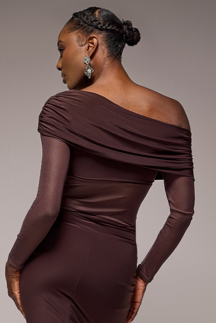 Gathered Bardot Asymmetric Mesh Panel Top - Brown T272