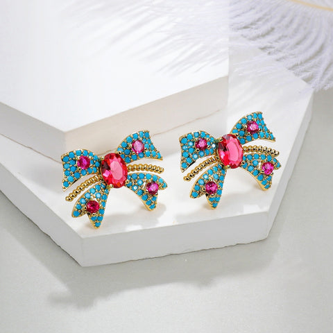 Embellished Bow Earring In Turquoise, Pink & Gold LEN441T