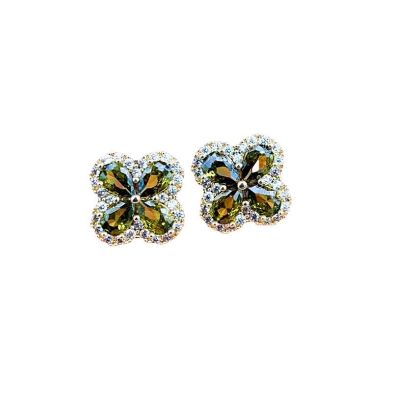 Cubic Zirconia Border Flower Earring In Olive & Gold LEN442O