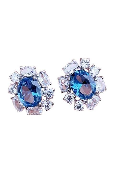 Oval Cubic Zirconia Surround Earring In Light Blue & Gold LEN443L