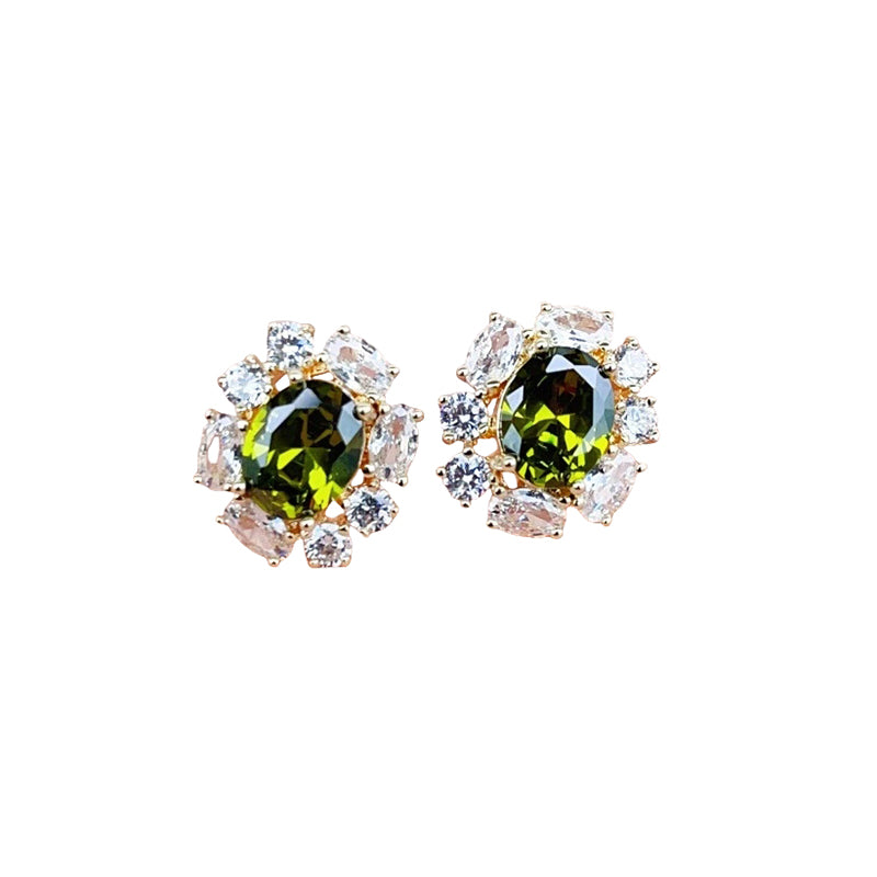 Oval Cubic Zirconia Surround Earring In Olive & Gold LEN443O