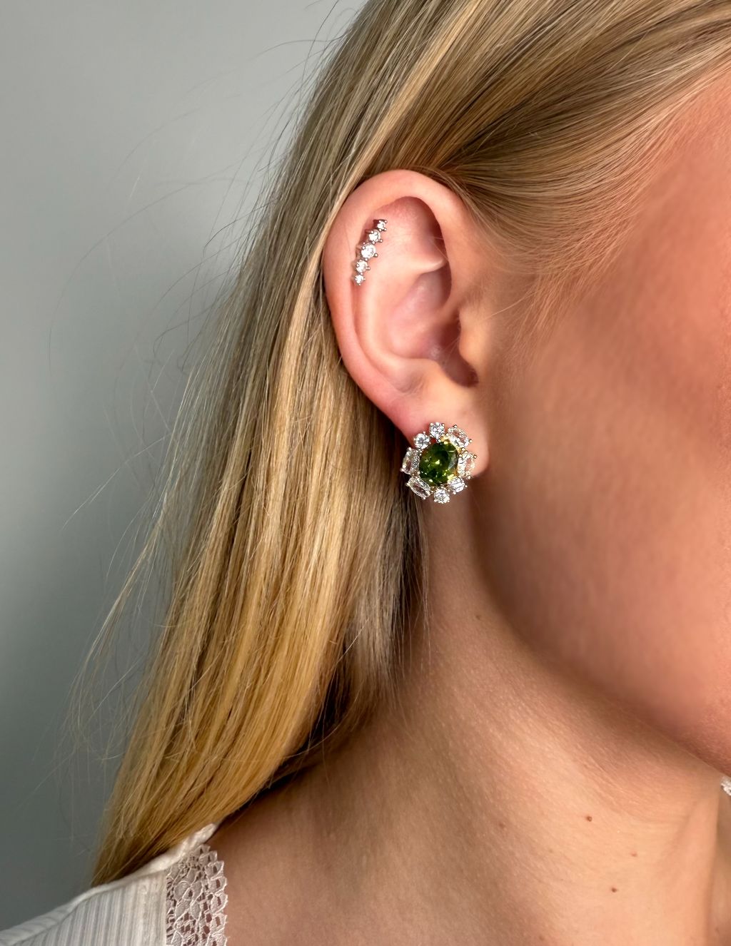 Oval Cubic Zirconia Surround Earring In Olive & Gold LEN443O