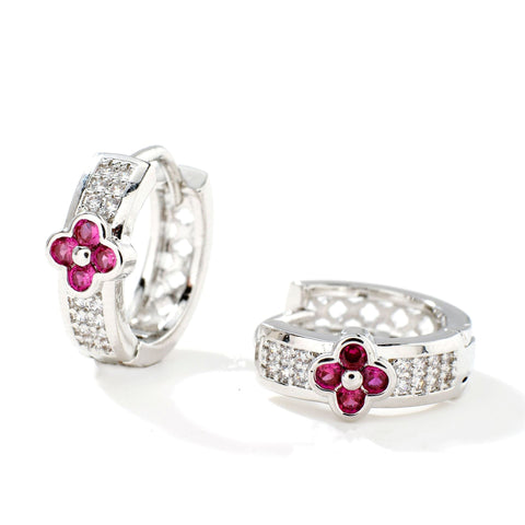 Cubic Zirconia Clover Embellished Huggie In Ruby Pink & Silver by Last True Angel