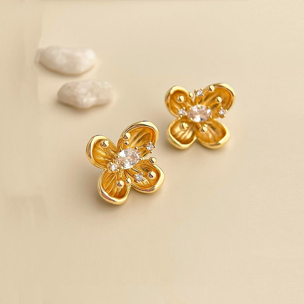 Gold Flower Earring With 3D Filament And Cubic Zirconia LEN518G