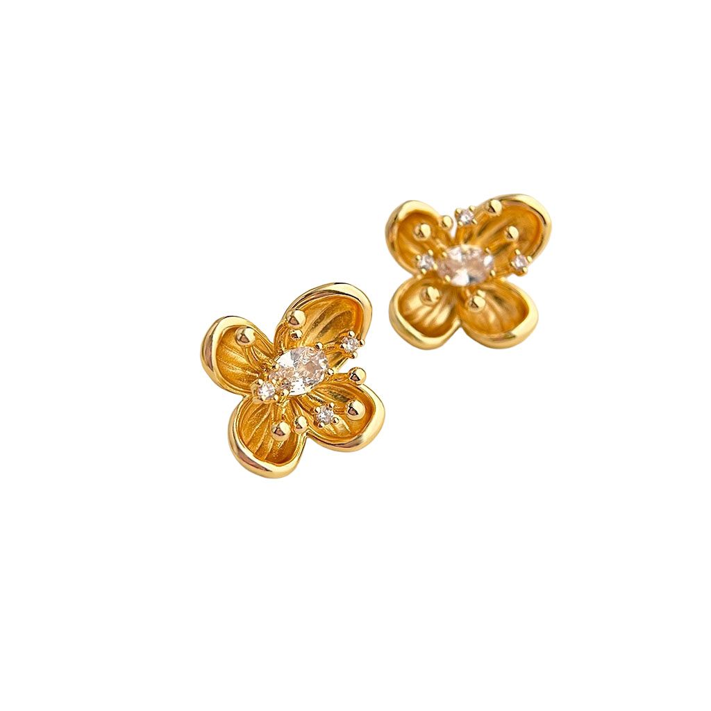 Gold Flower Earring With 3D Filament And Cubic Zirconia LEN518G