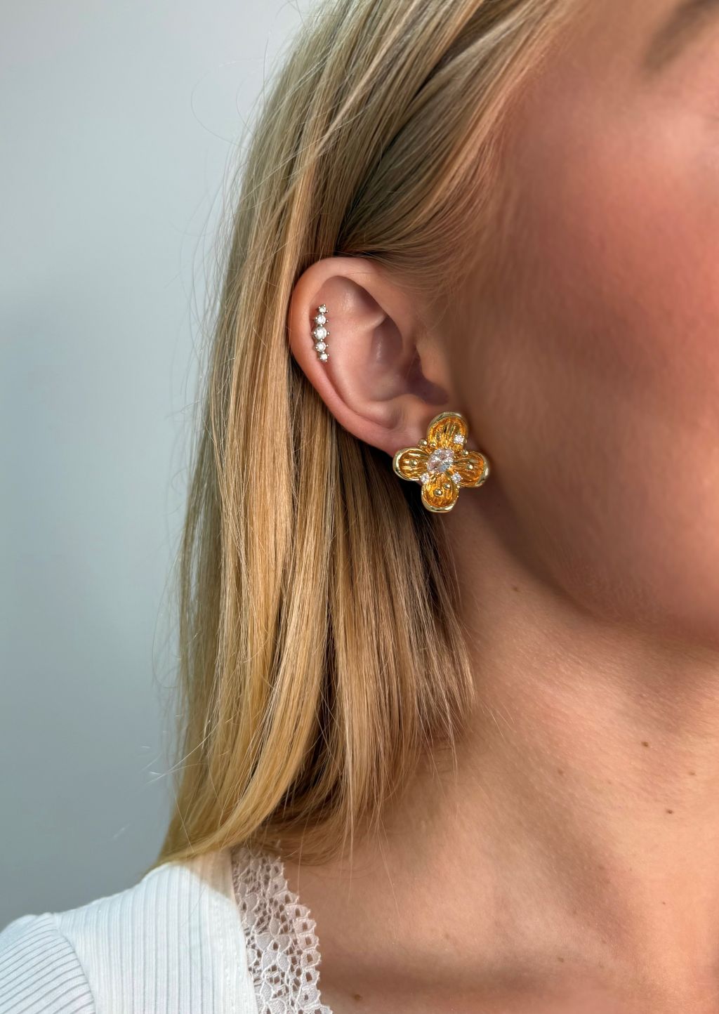 Gold Flower Earring With 3D Filament And Cubic Zirconia LEN518G