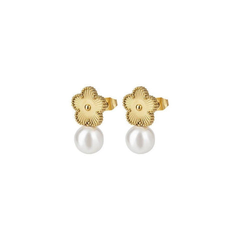 Last True Angel Etched Flower Stud In Gold With Faux Pearl Drop