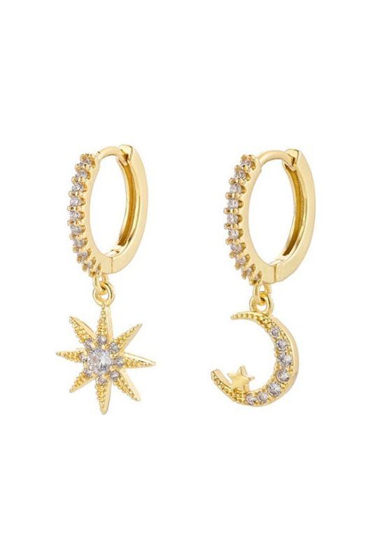 White Cubic Zirconia Star Moon Drop Huggie Earring In Gold LEN84G