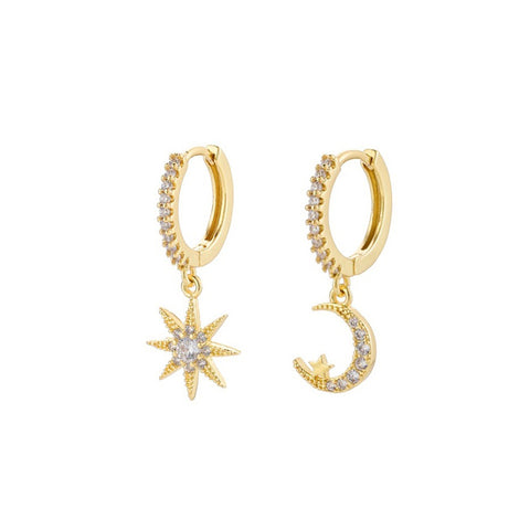 White Cubic Zirconia Star Moon Drop Huggie Earring In Gold by Last True Angel