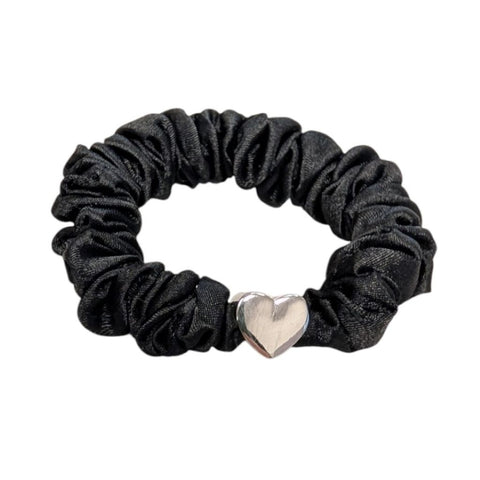 Last True Angel Heart Satin Scrunchie In Black & Silver