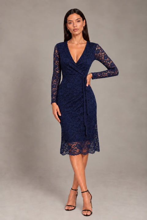 Lily Navy Lace Wrap Dress With Long Sleeves by Honor Gold