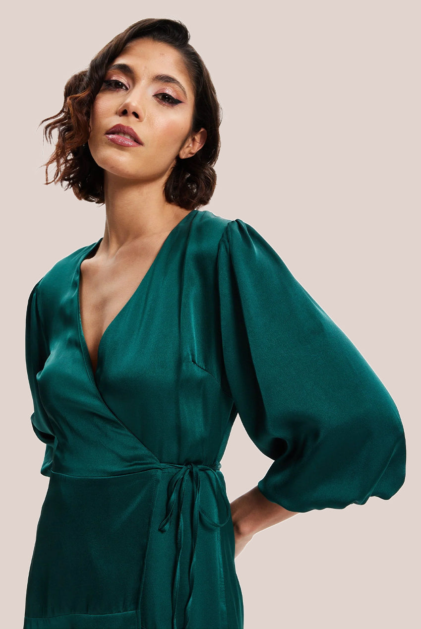 Dark Green Midi Wrap Dress With Short Puff Sleeves LIQ20-128DarkGreen