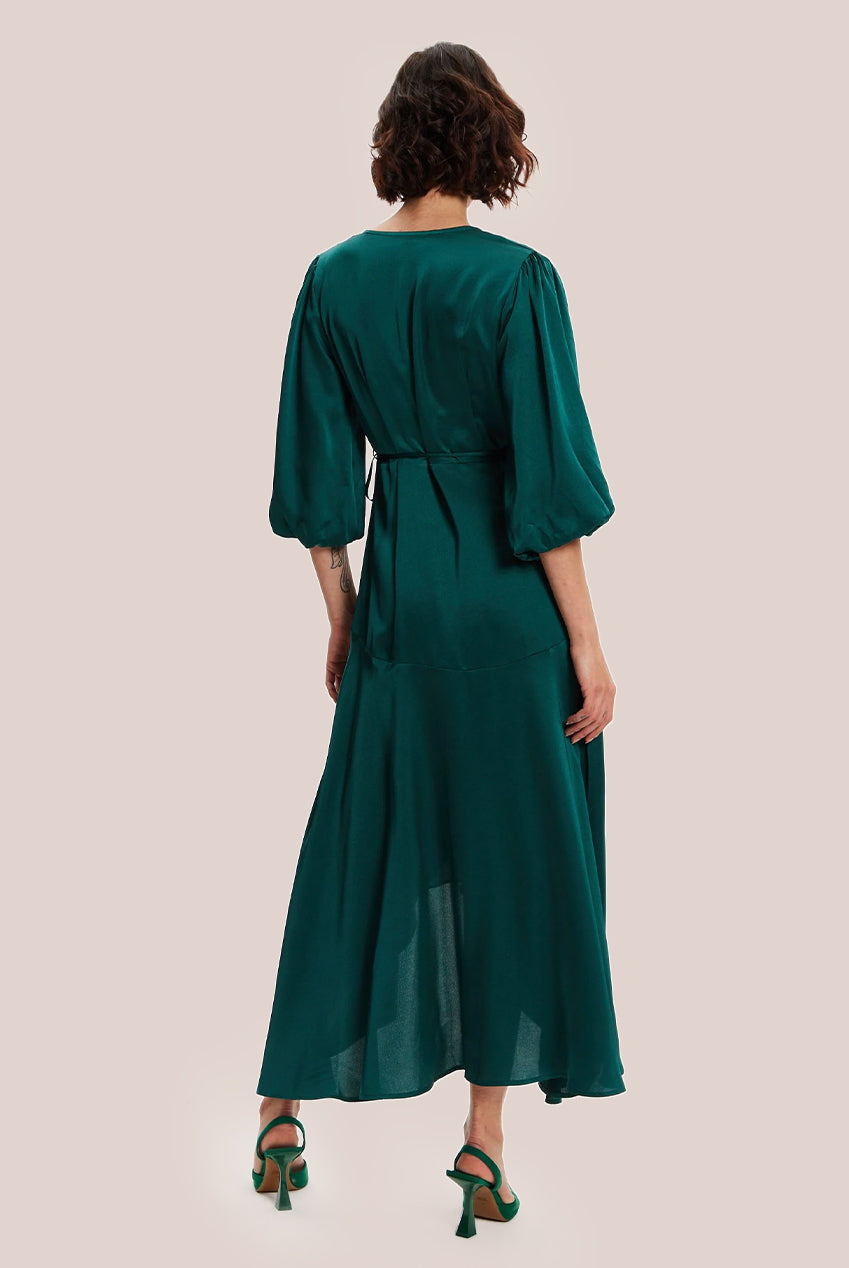 Dark Green Midi Wrap Dress With Short Puff Sleeves LIQ20-128DarkGreen