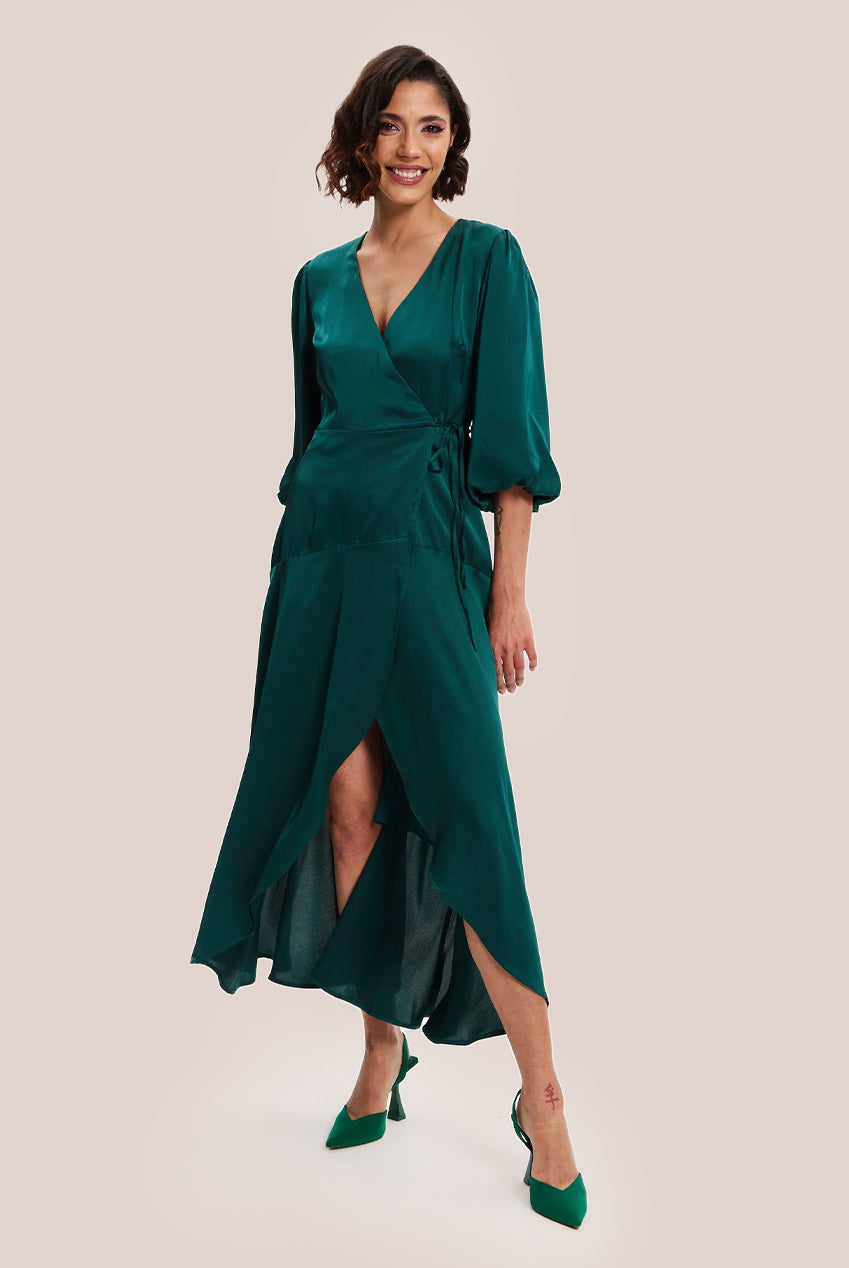 Dark Green Midi Wrap Dress With Short Puff Sleeves LIQ20-128DarkGreen