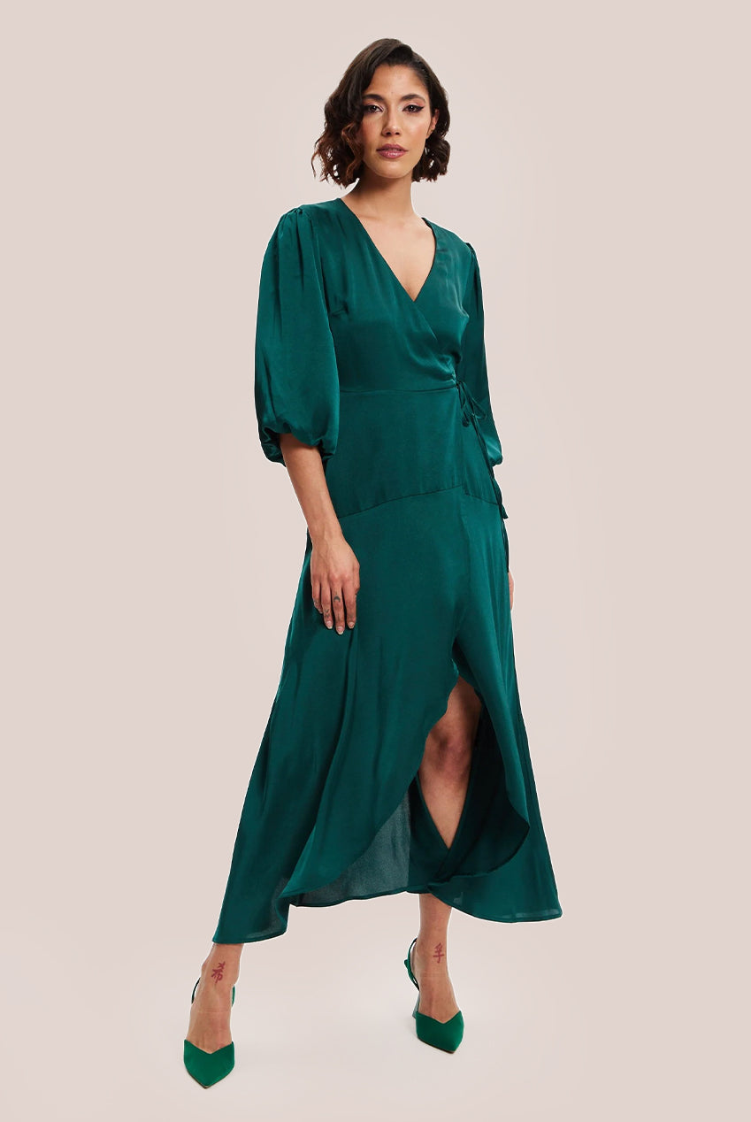 Dark Green Midi Wrap Dress With Short Puff Sleeves LIQ20-128DarkGreen