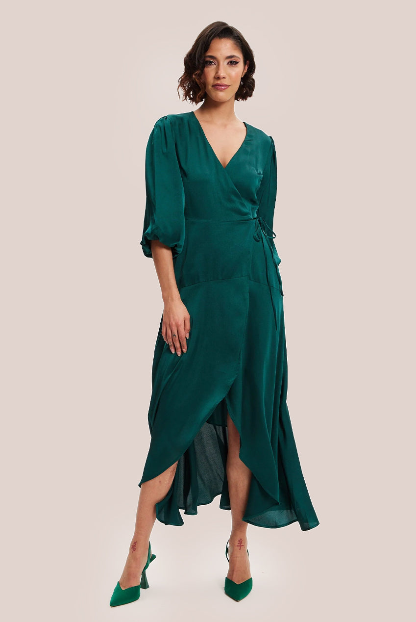 Dark Green Midi Wrap Dress With Short Puff Sleeves LIQ20-128DarkGreen