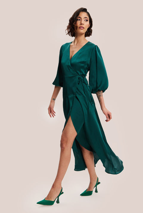 Dark Green Midi Wrap Dress With Short Puff Sleeves LIQ20-128DarkGreen