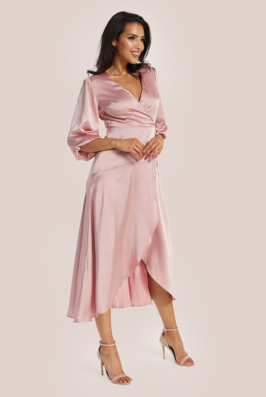 Pink Midi Wrap Dress With Short Puff Sleeves LIQ20-128Pink