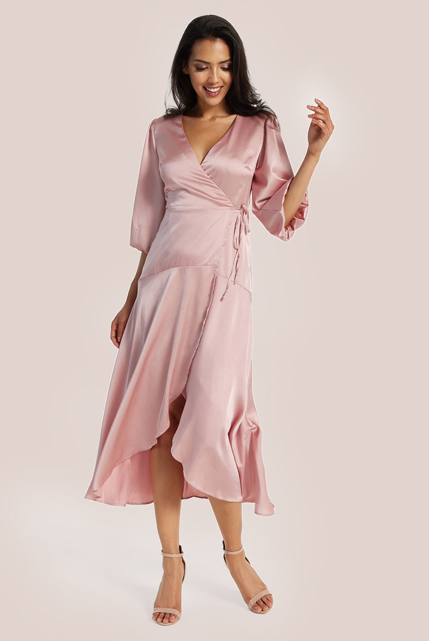 Pink Midi Wrap Dress With Short Puff Sleeves LIQ20-128Pink