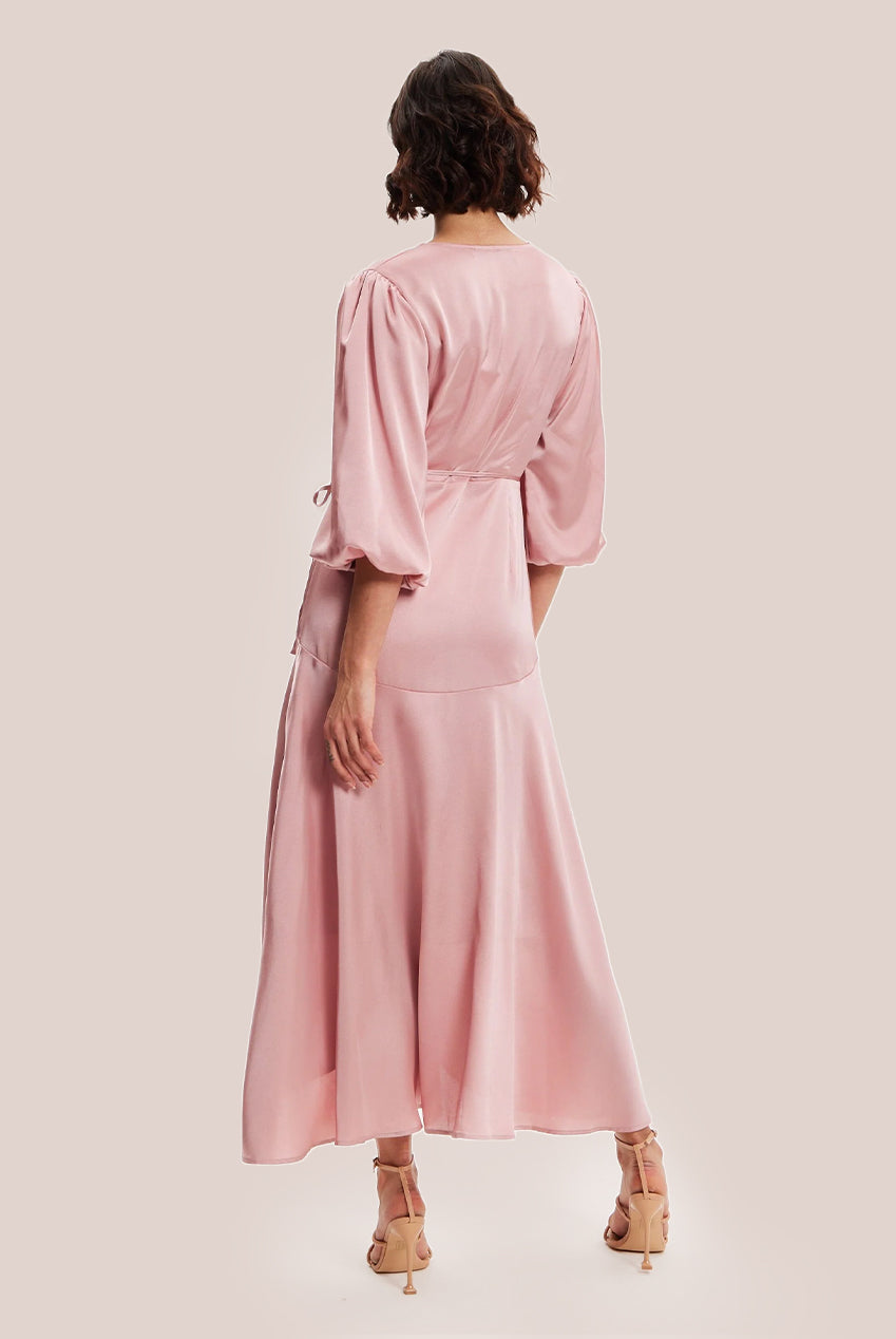 Pink Midi Wrap Dress With Short Puff Sleeves LIQ20-128Pink