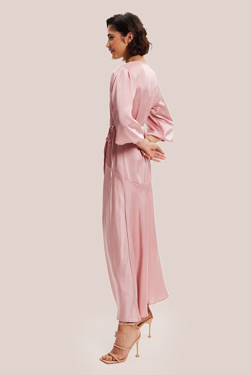 Pink Midi Wrap Dress With Short Puff Sleeves LIQ20-128Pink