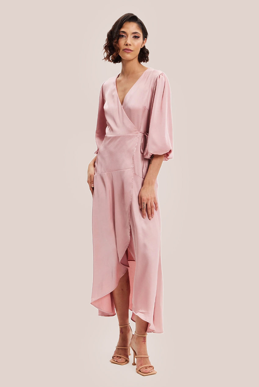 Pink Midi Wrap Dress With Short Puff Sleeves LIQ20-128Pink