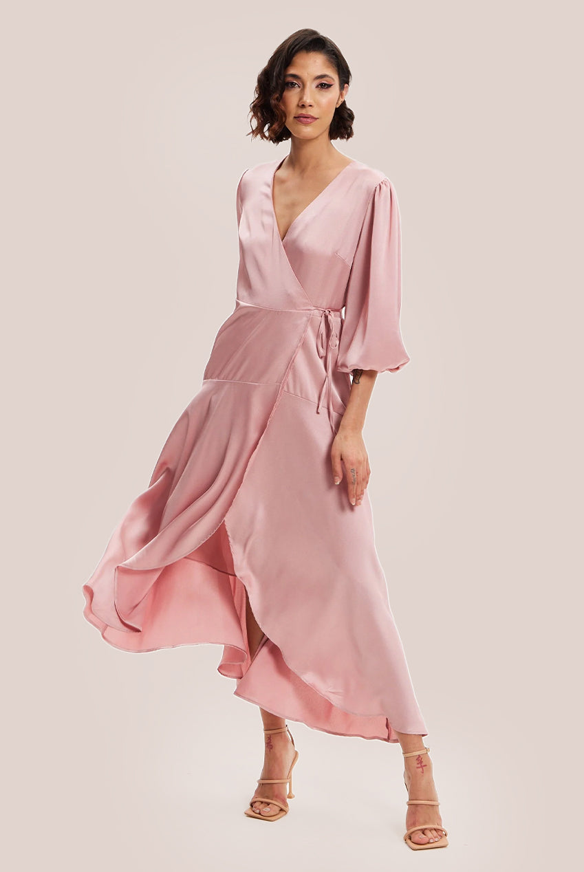 Pink Midi Wrap Dress With Short Puff Sleeves LIQ20-128Pink