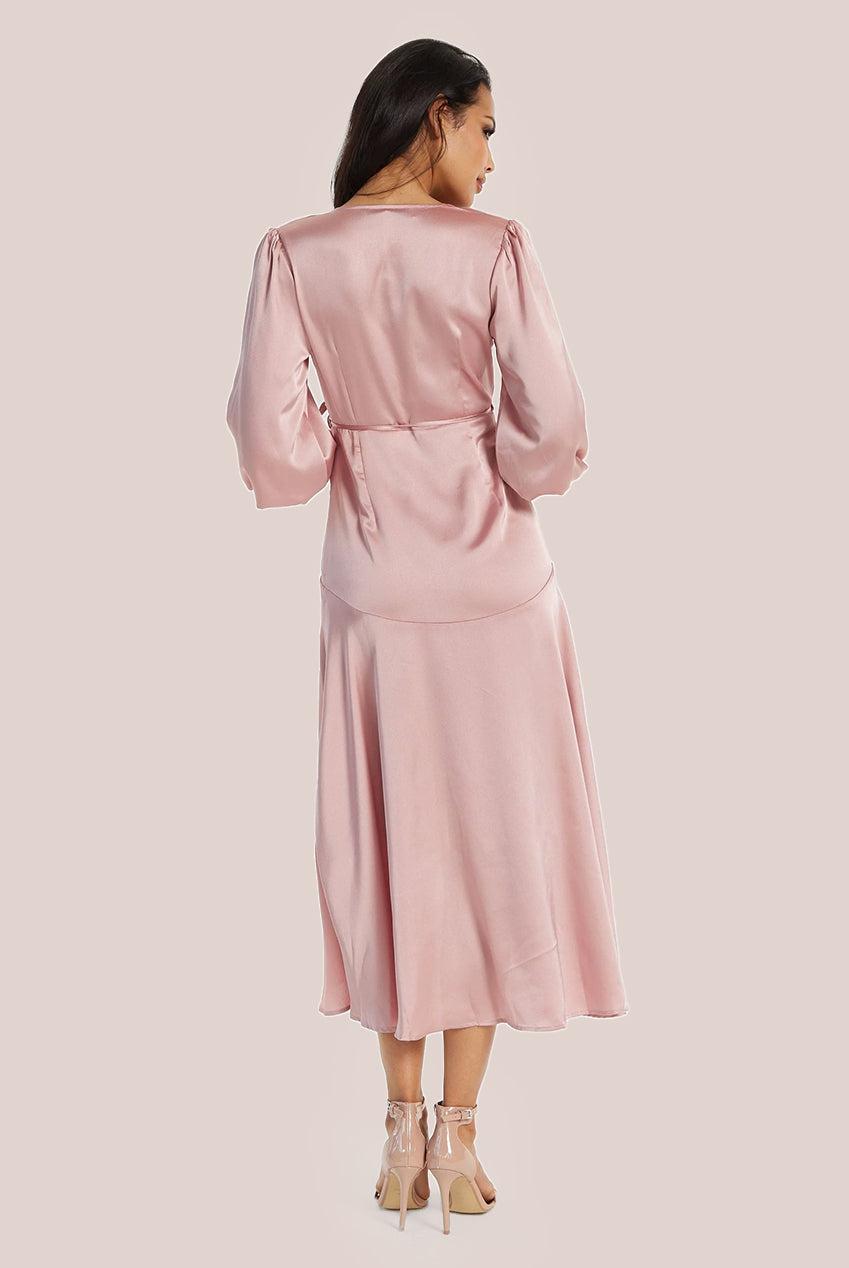 Pink Midi Wrap Dress With Short Puff Sleeves LIQ20-128Pink