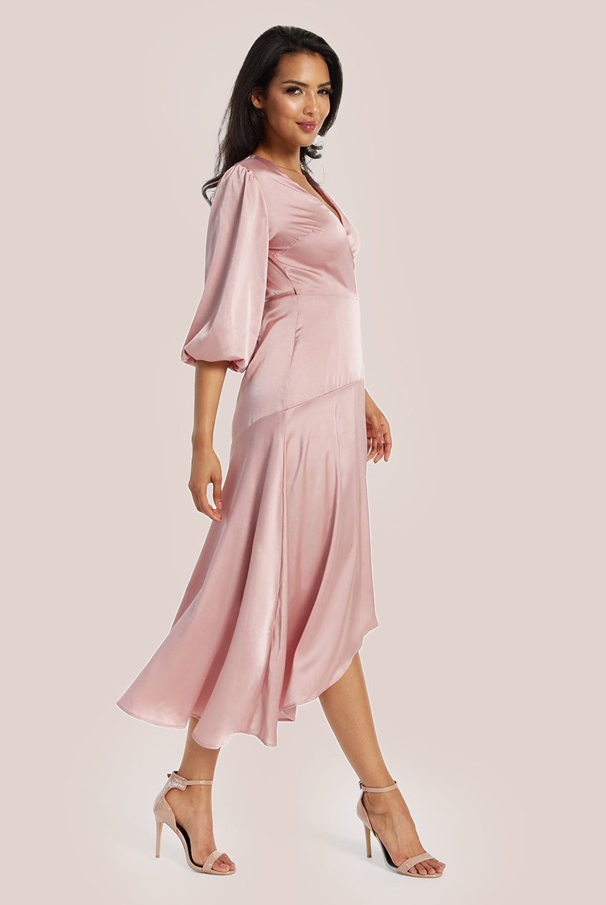 Pink Midi Wrap Dress With Short Puff Sleeves LIQ20-128Pink