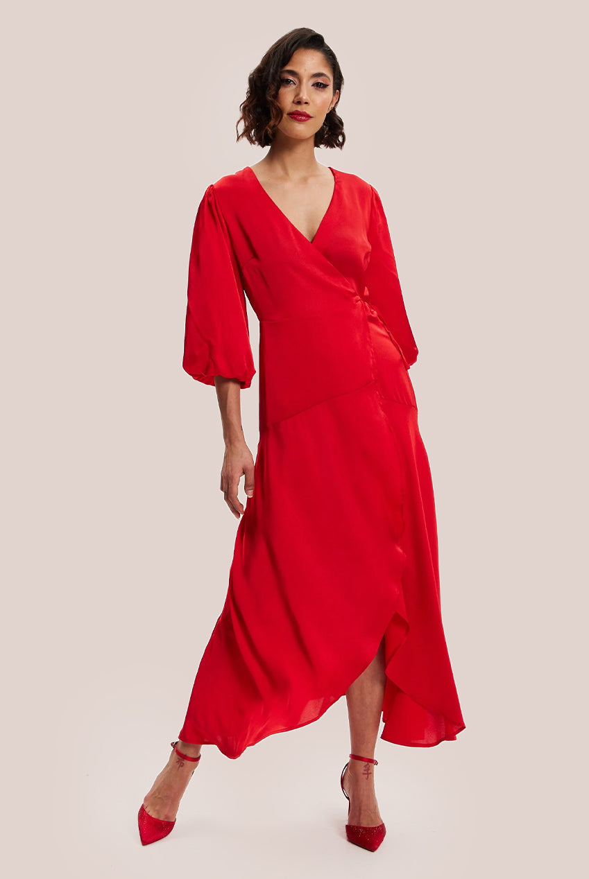 Red Midi Wrap Dress With Short Puff Sleeves LIQ20-128Red