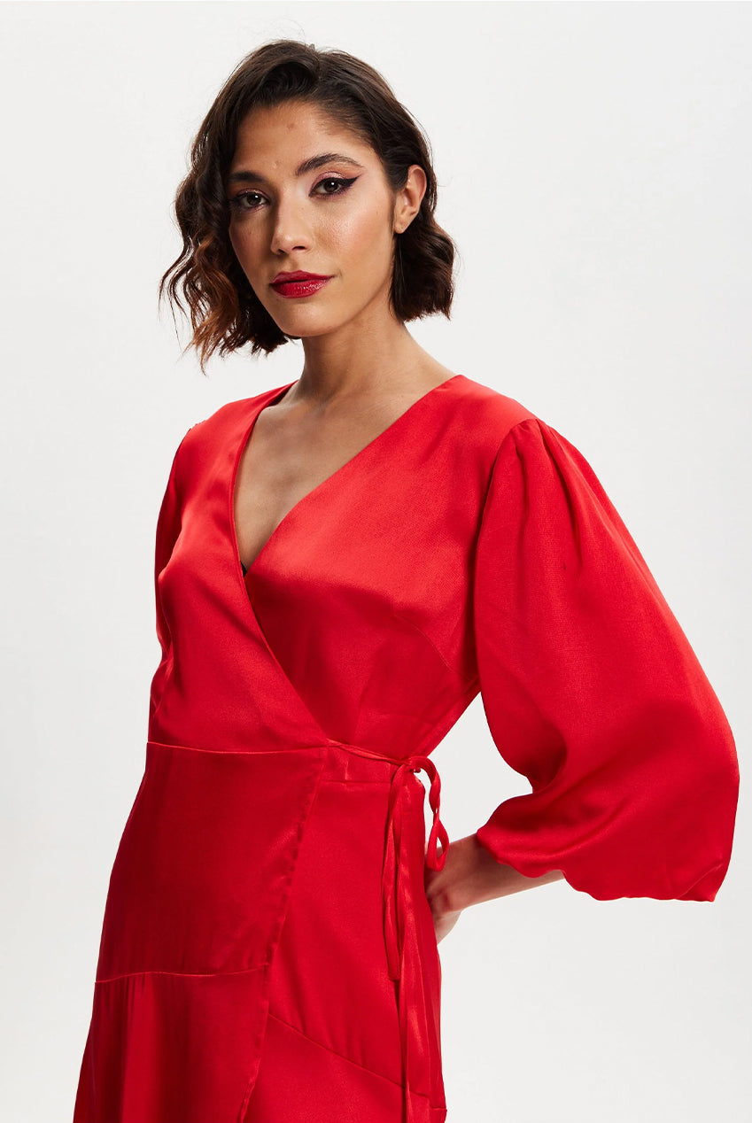 Red Midi Wrap Dress With Short Puff Sleeves LIQ20-128Red