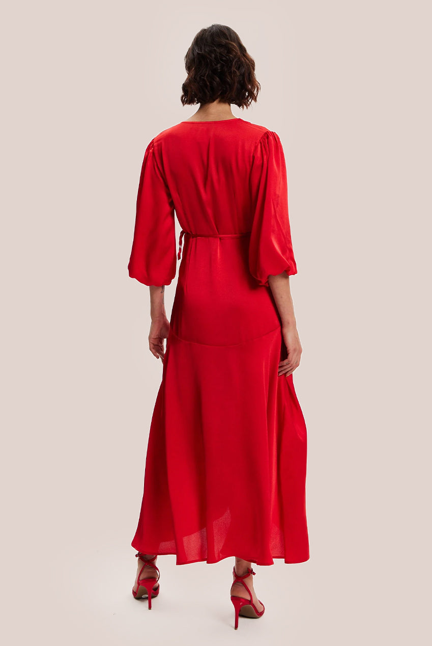 Red Midi Wrap Dress With Short Puff Sleeves LIQ20-128Red