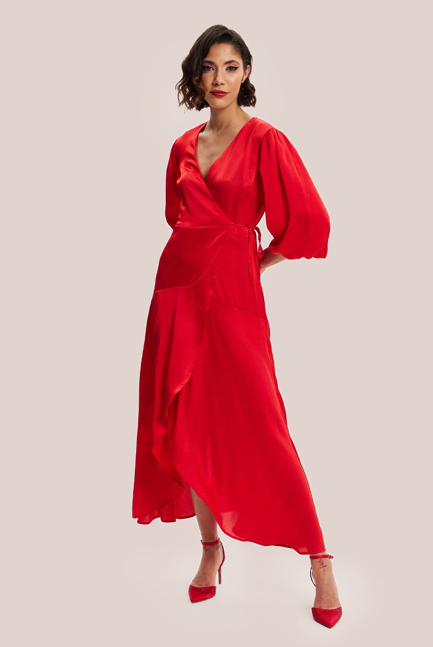 Red Midi Wrap Dress With Short Puff Sleeves LIQ20-128Red