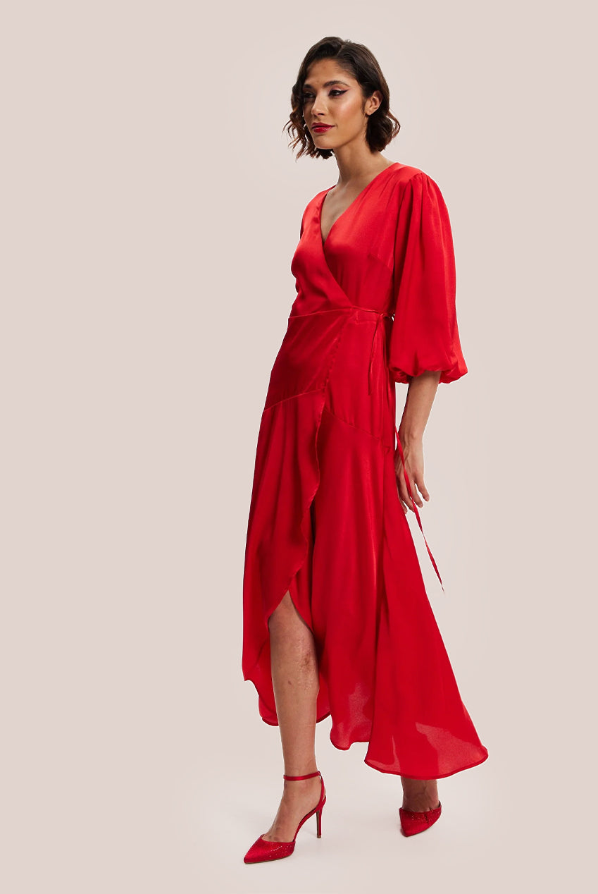 Red Midi Wrap Dress With Short Puff Sleeves LIQ20-128Red