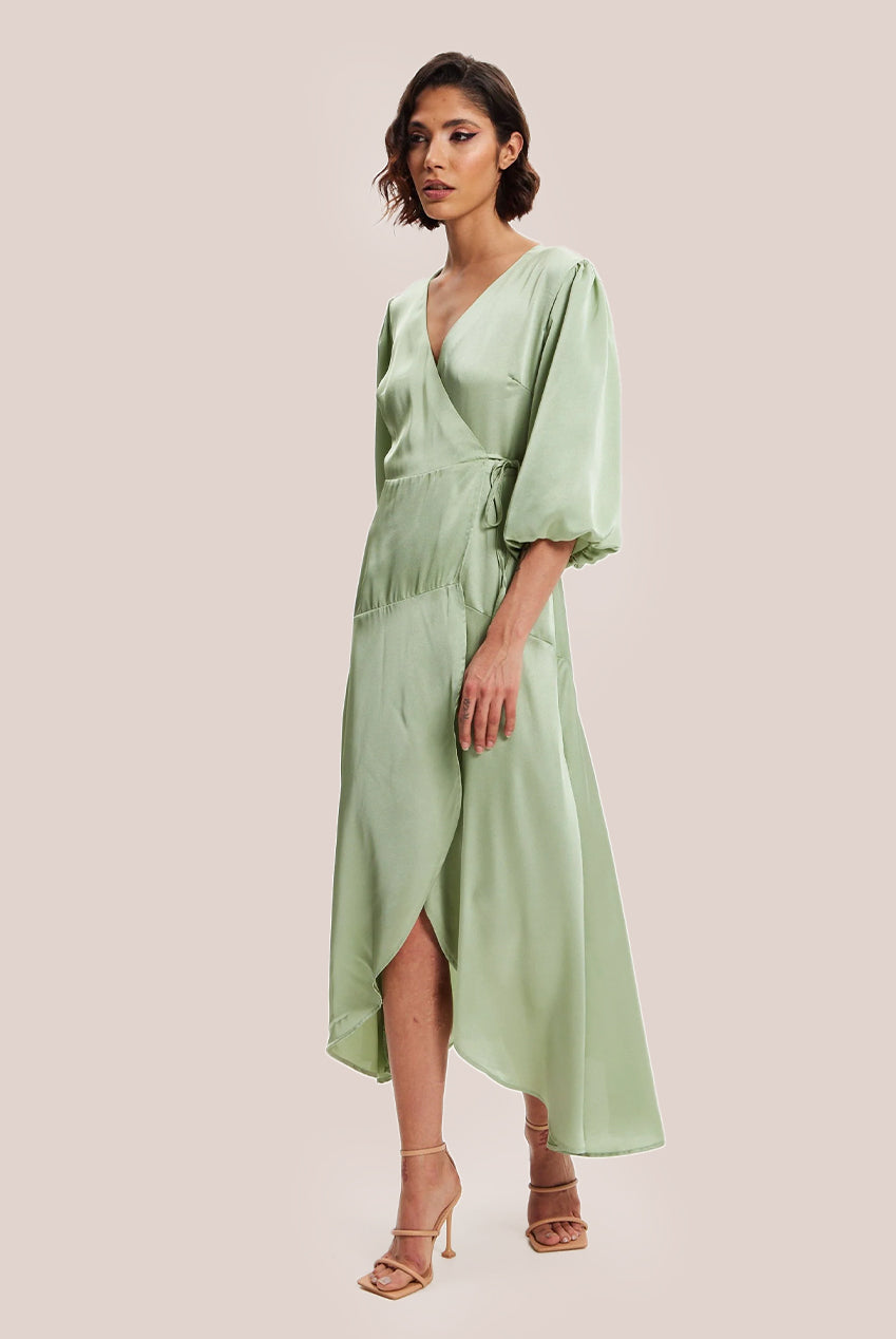 Sage Green Midi Wrap Dress With Short Puff Sleeves LIQ20-128Green