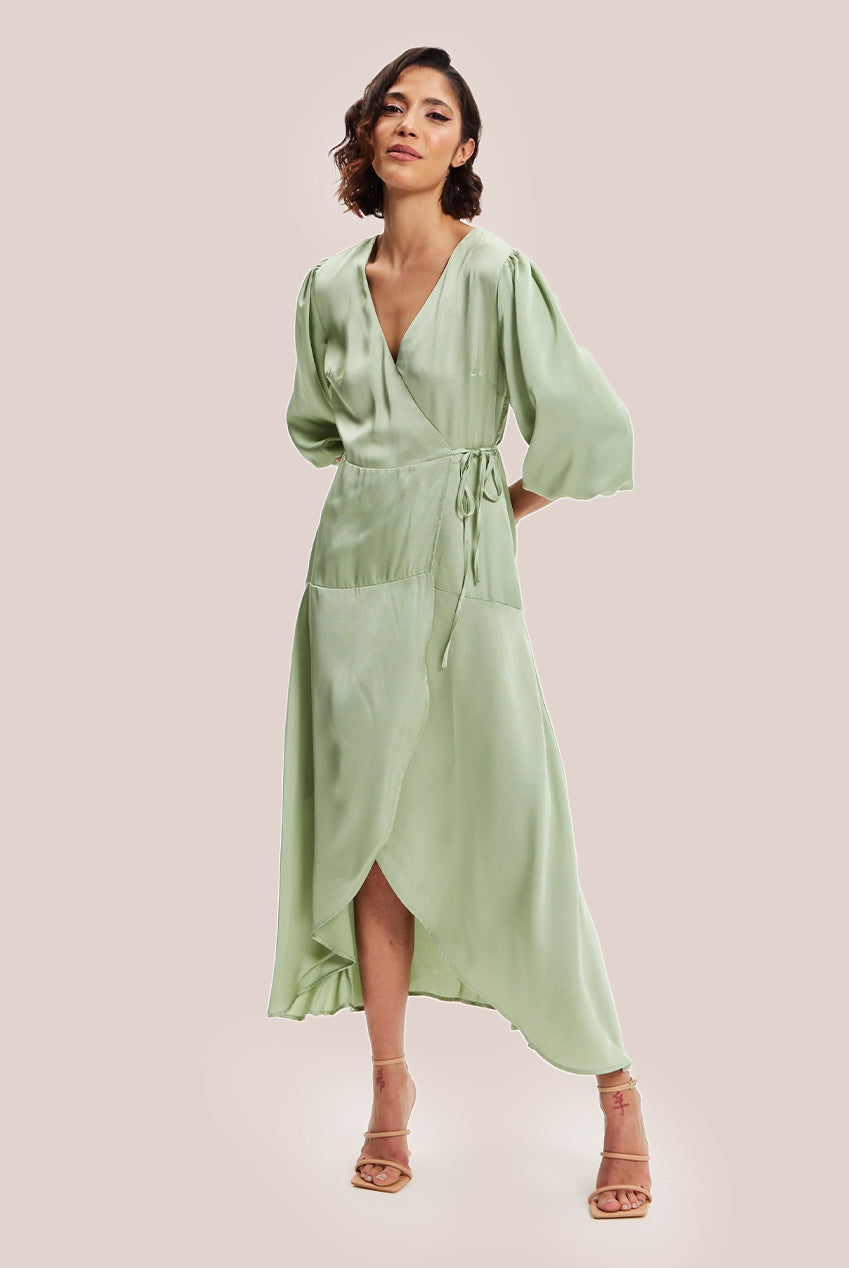 Sage Green Midi Wrap Dress With Short Puff Sleeves LIQ20-128Green