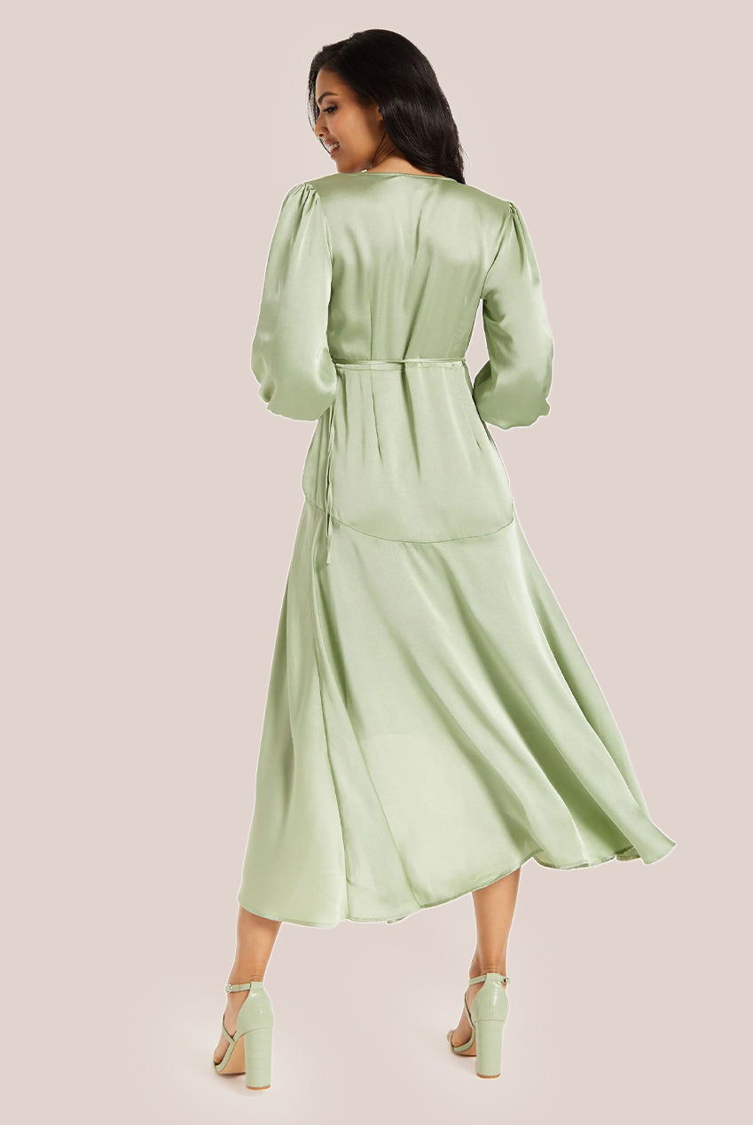 Sage Green Midi Wrap Dress With Short Puff Sleeves LIQ20-128Green