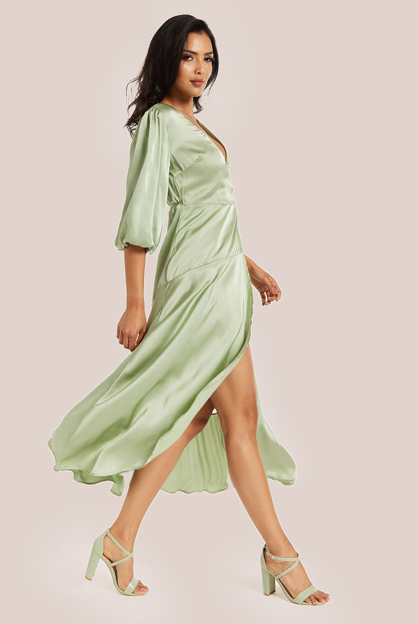 Sage Green Midi Wrap Dress With Short Puff Sleeves LIQ20-128Green