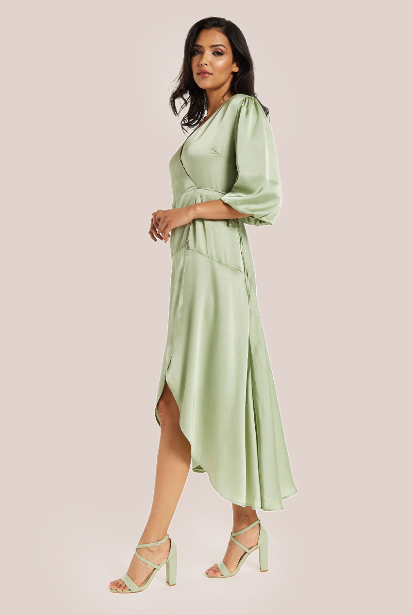 Sage Green Midi Wrap Dress With Short Puff Sleeves LIQ20-128Green