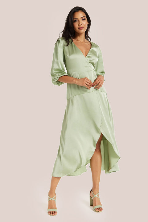 Sage Green Midi Wrap Dress With Short Puff Sleeves LIQ20-128Green