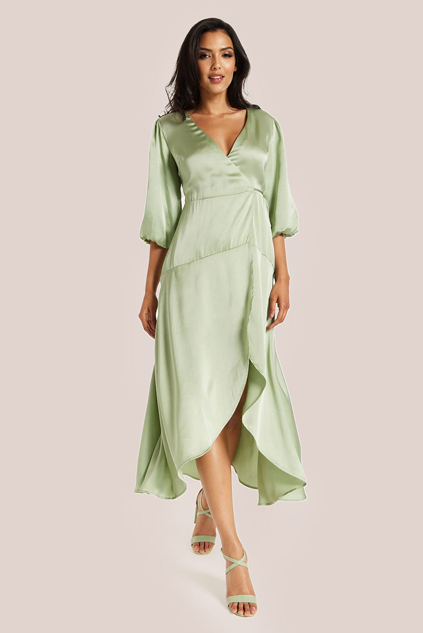 Sage Green Midi Wrap Dress With Short Puff Sleeves LIQ20-128Green