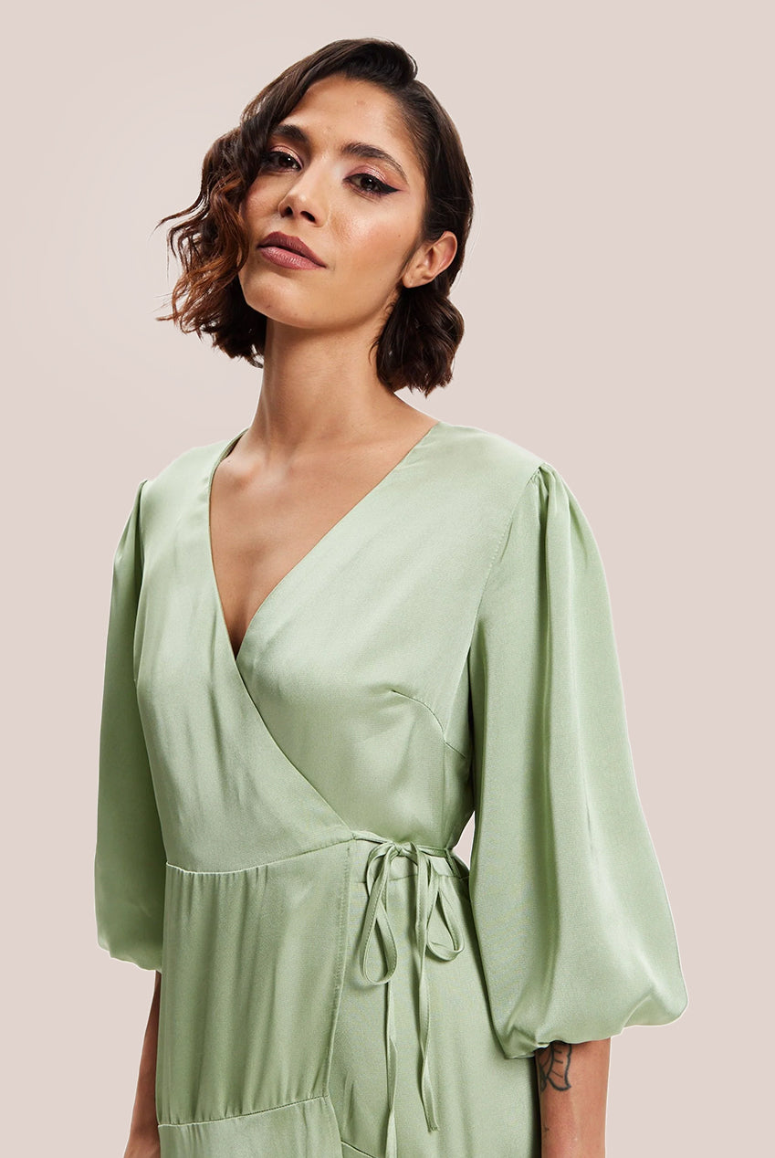 Sage Green Midi Wrap Dress With Short Puff Sleeves LIQ20-128Green