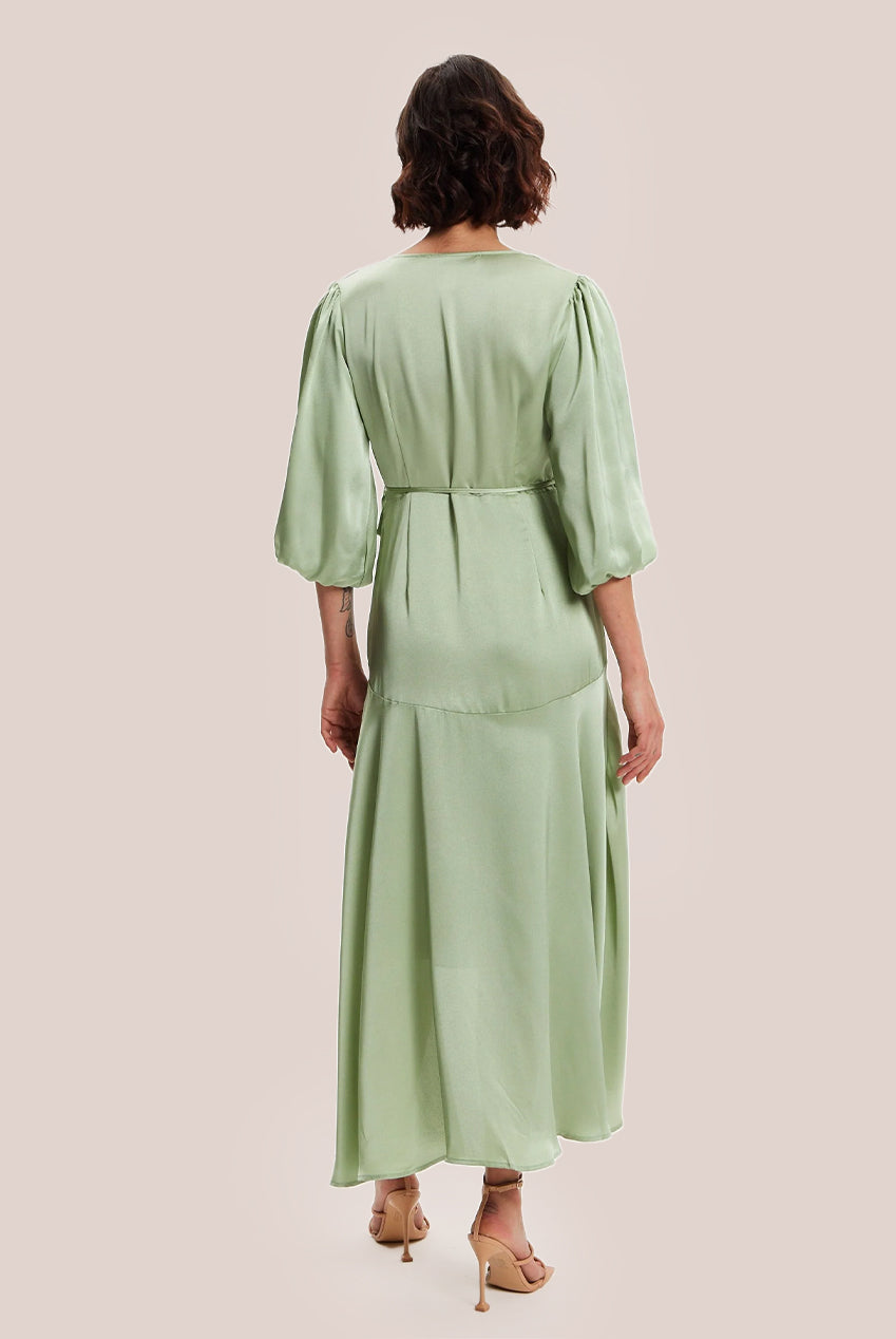 Sage Green Midi Wrap Dress With Short Puff Sleeves LIQ20-128Green