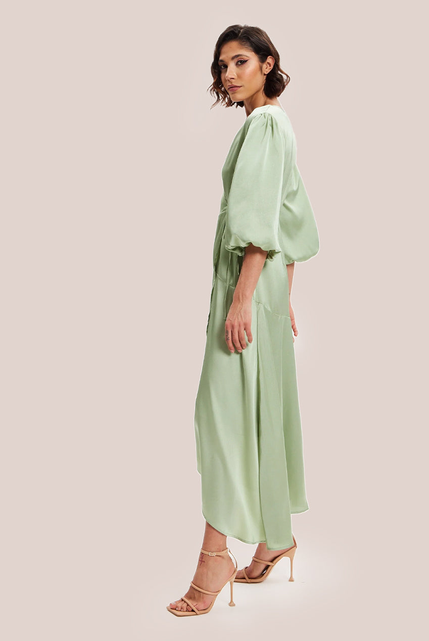 Sage Green Midi Wrap Dress With Short Puff Sleeves LIQ20-128Green