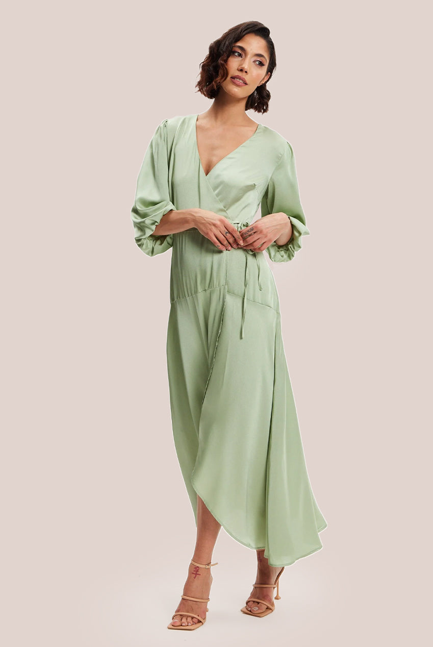 Sage Green Midi Wrap Dress With Short Puff Sleeves LIQ20-128Green