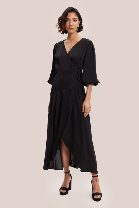 Black Midi Wrap Dress With Short Puff Sleeves by Liquorish