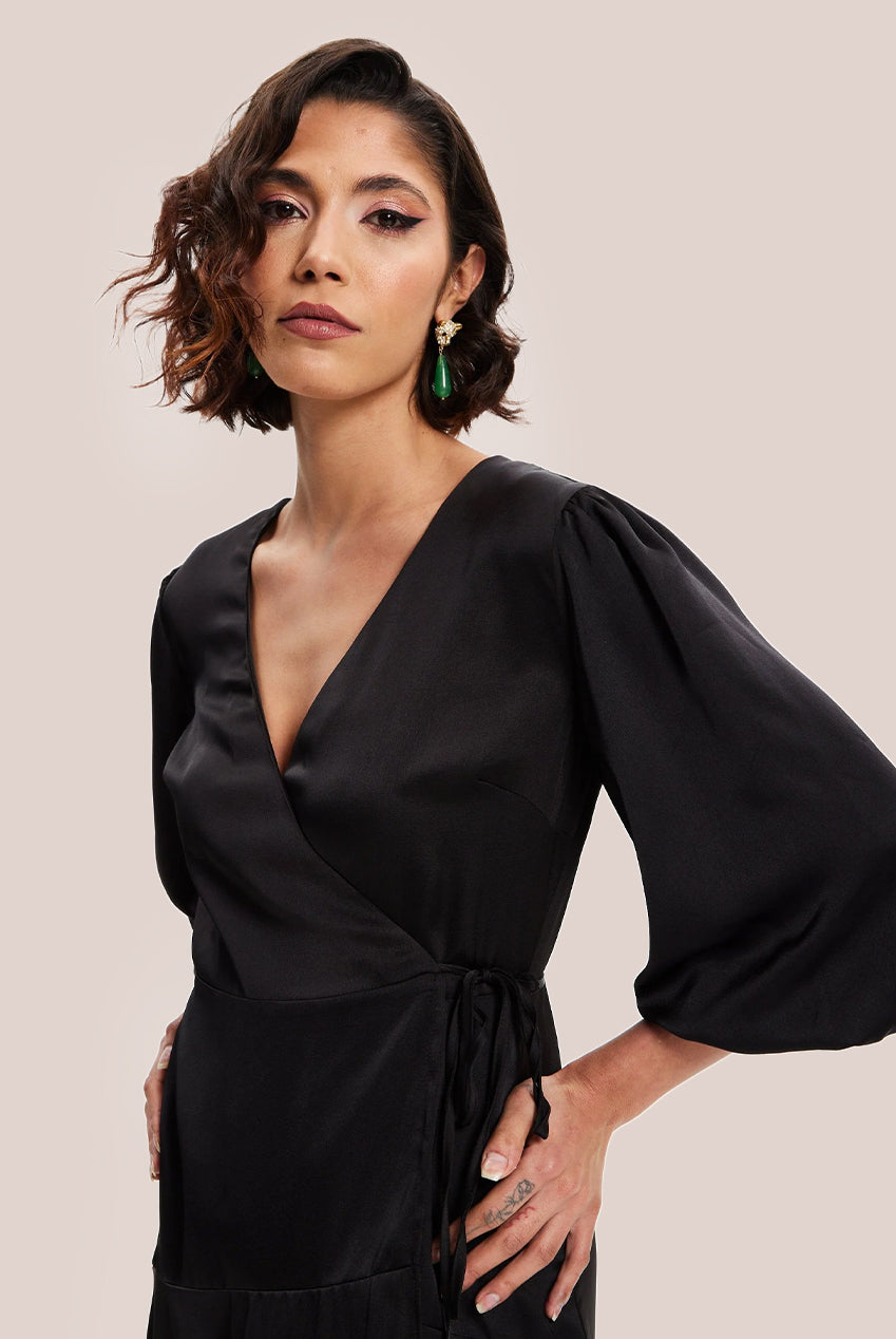 Black Midi Wrap Dress With Short Puff Sleeves LIQ20-128Black